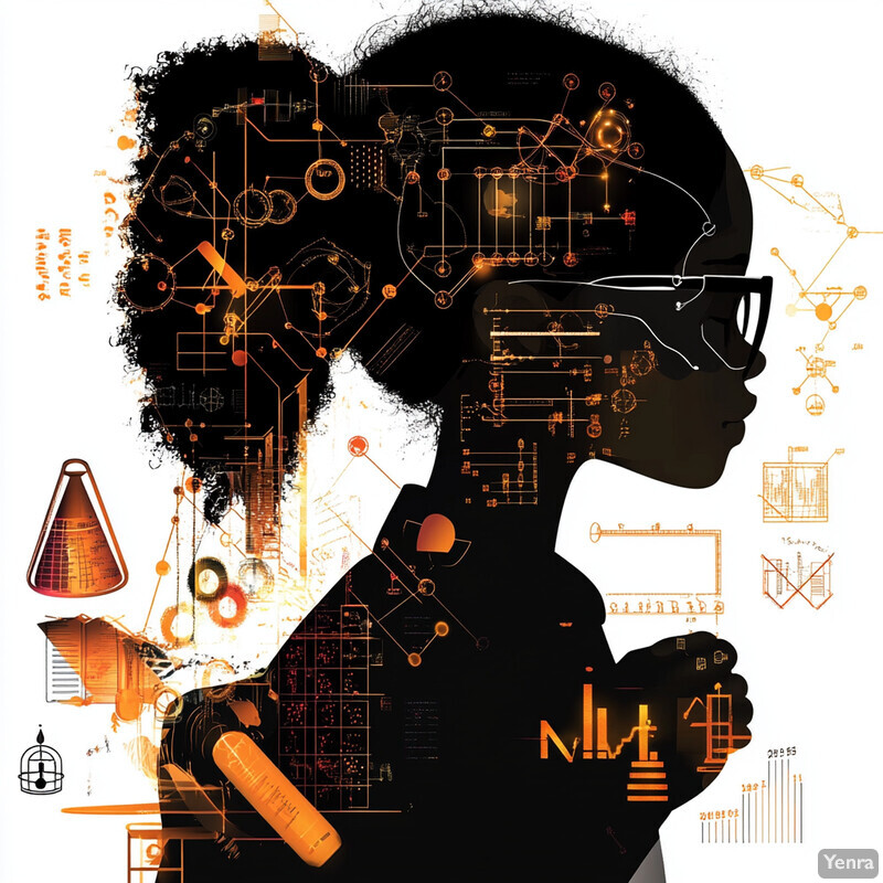 A silhouette of a woman with orange circuit board-like details on her hair and glasses.