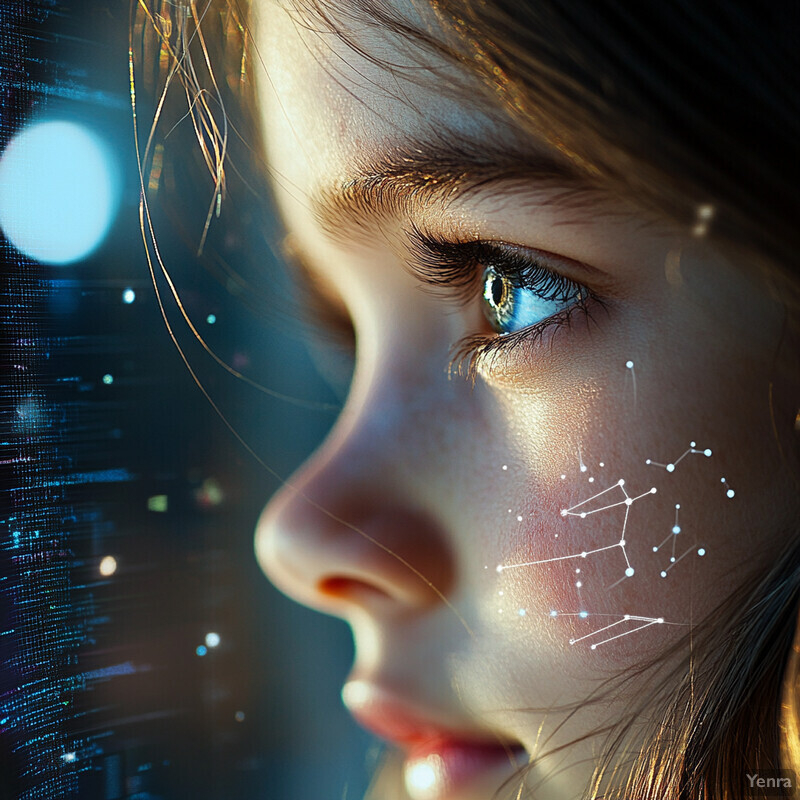 The image features a woman's face with a constellation pattern on her cheek.