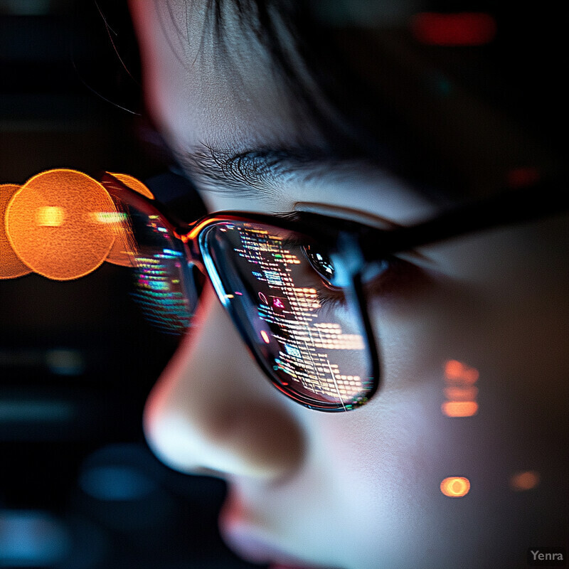 A person wearing glasses with a reflection of code on them in dim lighting conditions.