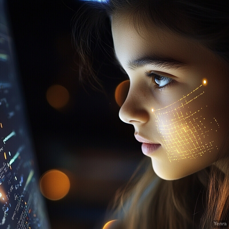 A young girl intently gazes at a computer screen in a living room setting.