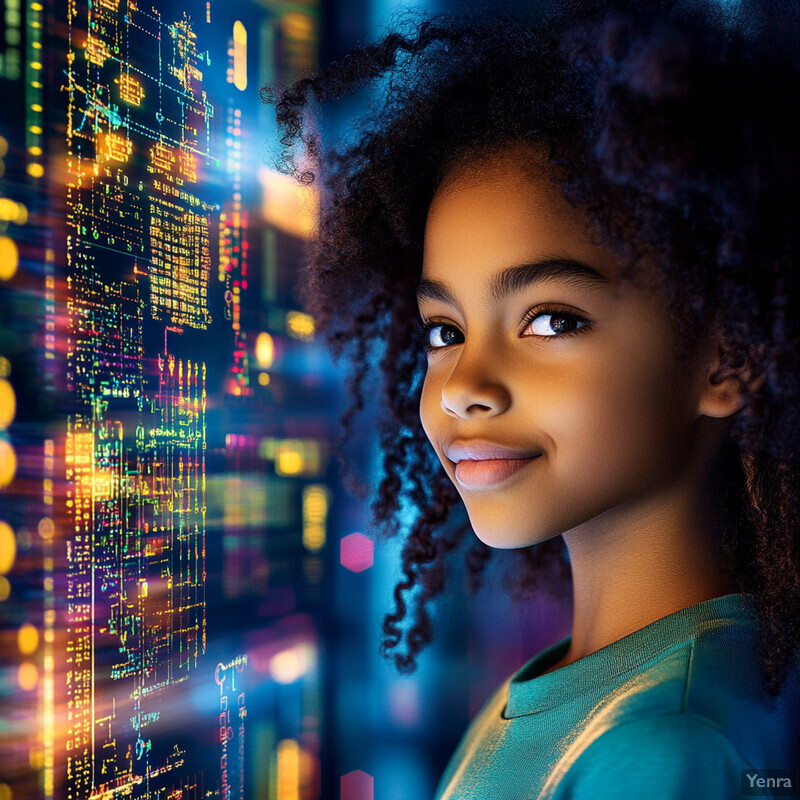 A young girl with curly hair and a blue shirt looks out at the city skyline from her home or apartment window.