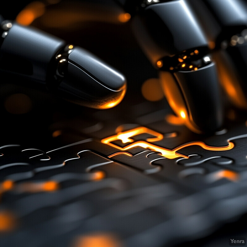 A robotic hand grasps a black and orange jigsaw puzzle piece in a dark, blurry workshop or laboratory setting.