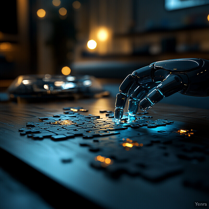 A robotic hand is seen on a table, with its fingers extended over scattered puzzle pieces.