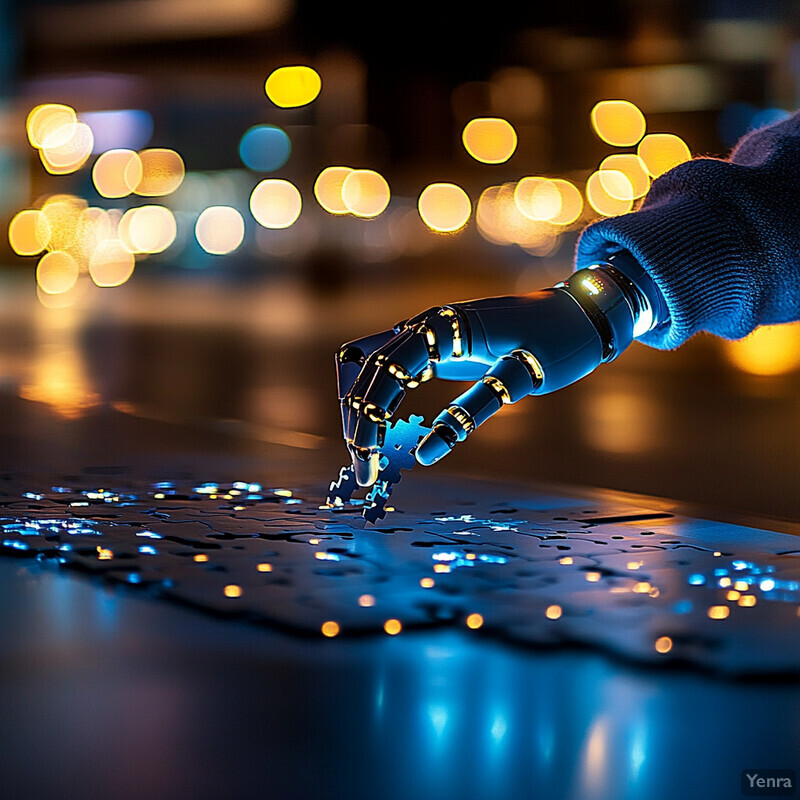 A robotic hand reaches out to pick up a puzzle piece from a table in an office or workshop setting.