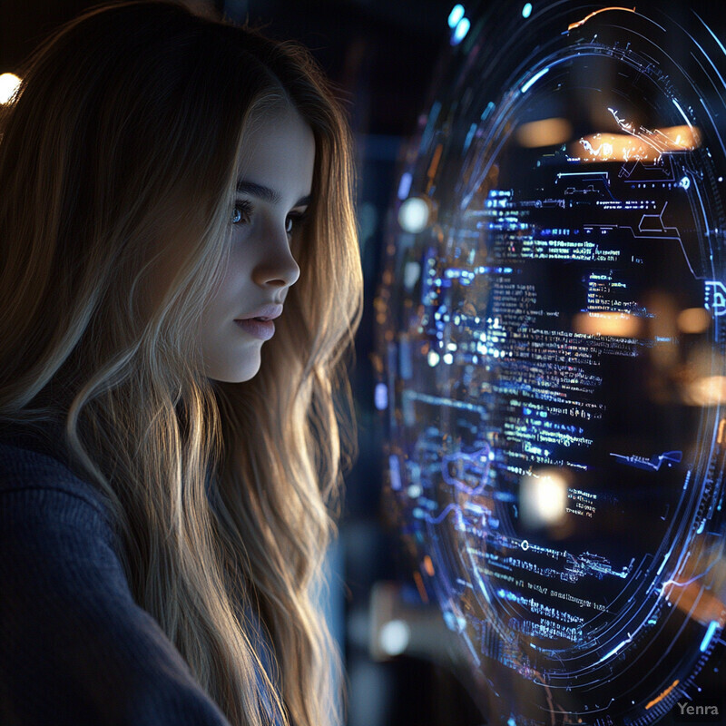 A woman stands in front of a large screen displaying a futuristic interface, surrounded by various screens and devices.