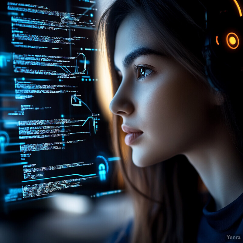 A woman with long brown hair wearing headphones looks at a screen displaying lines of code.