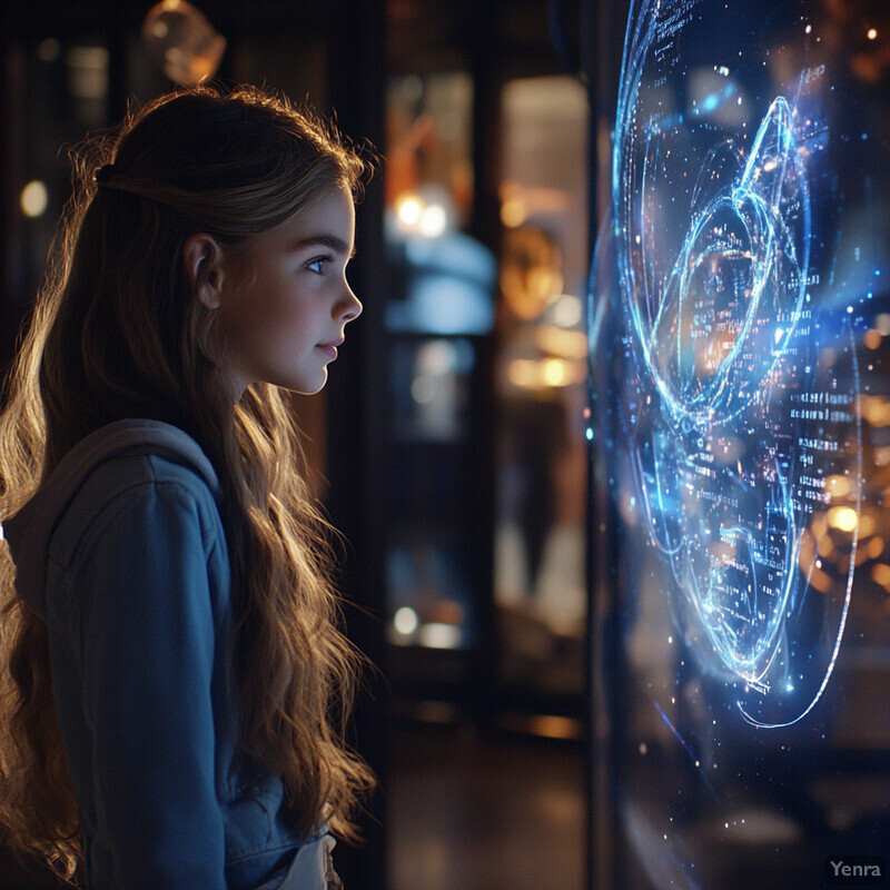 A young girl with long hair and a blue hoodie gazes intently at a large, glowing orb suspended in mid-air.