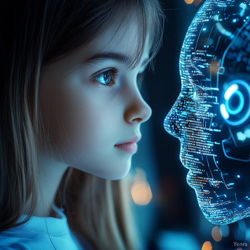 A young girl interacts with a digital humanoid robot head in a futuristic setting.