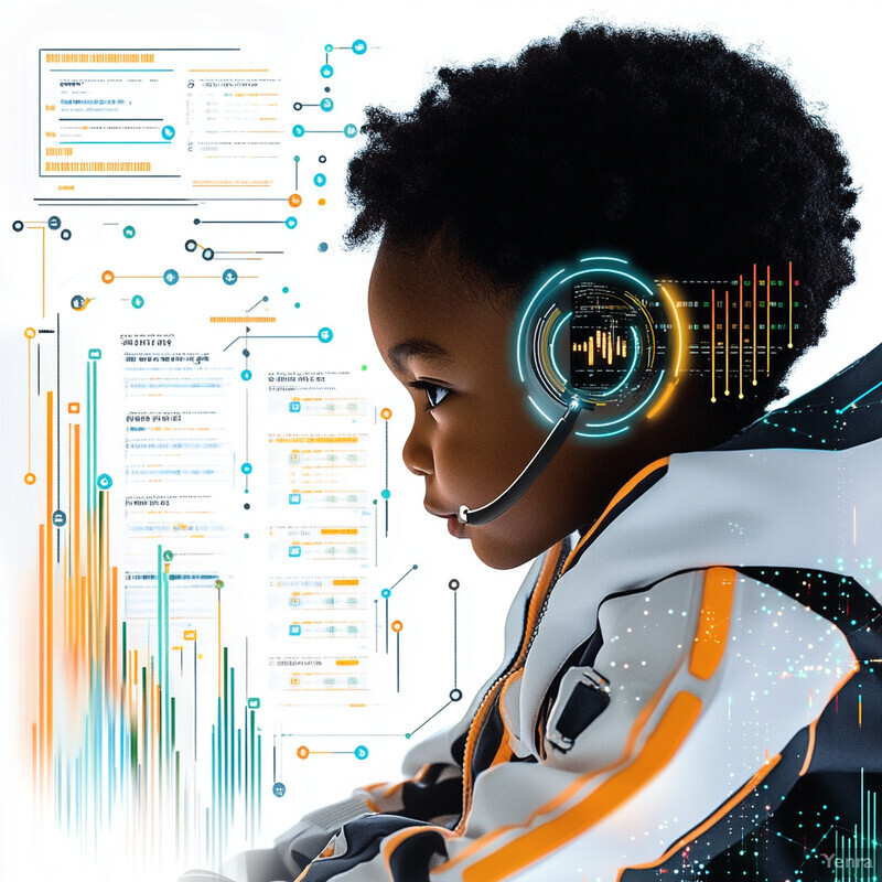 A young child wearing a futuristic headset with glowing blue circles and lines.