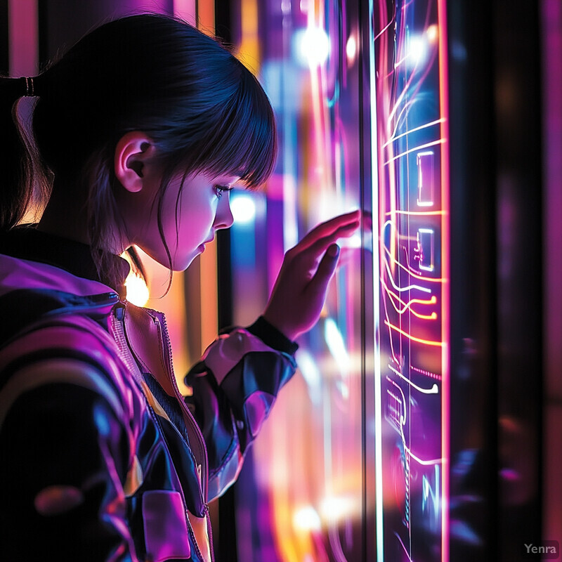 A young girl interacts with an interactive display panel in a futuristic setting.