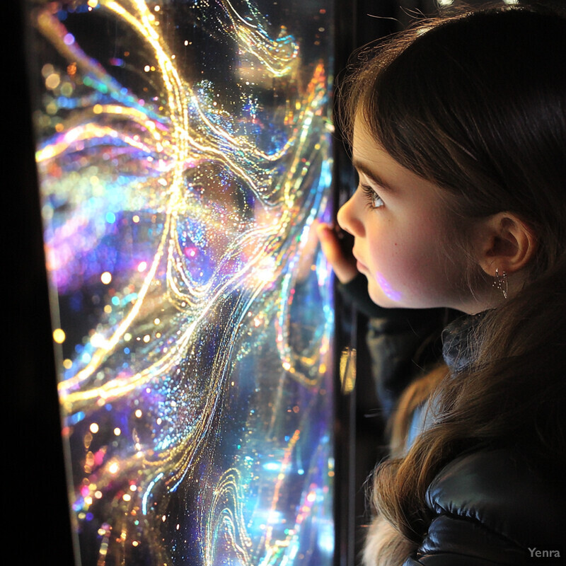 A young girl is captivated by an abstract art piece, showcasing swirling patterns and vibrant colors.