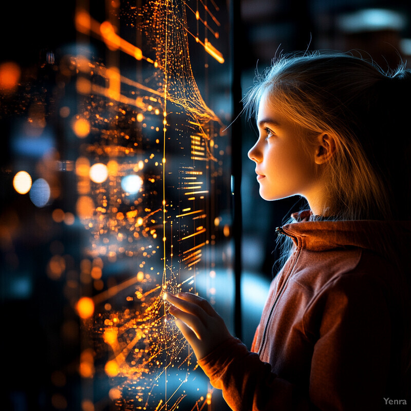 A young girl intently examines a large screen displaying an abstract pattern of interconnected lines and dots.