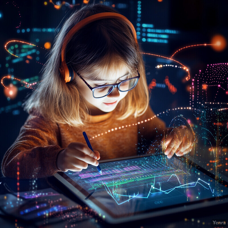 A young girl is intently focused on her tablet screen, examining a vibrant graph or chart.