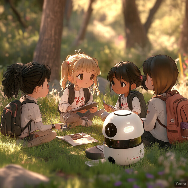 A group of children learn from a robot in an outdoor setting.