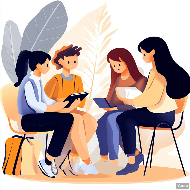 Four individuals engaged in a collaborative learning session, seated around a table with books and papers scattered about.