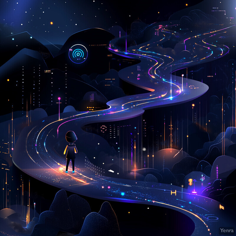 A young girl stands on a winding path, surrounded by symbols and objects, in an outdoor setting with a dreamy atmosphere.