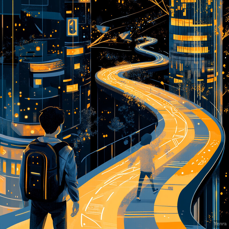 A futuristic cityscape with a winding road and two individuals walking along it.