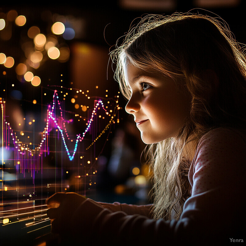 A young girl is intently gazing at a computer screen displaying a graph.