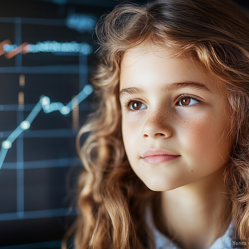 The image shows a girl in front of a computer monitor displaying a graph.