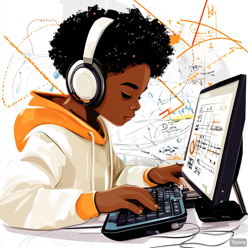 A young boy with dark skin and curly hair is intently focused on a computer monitor at his desk.