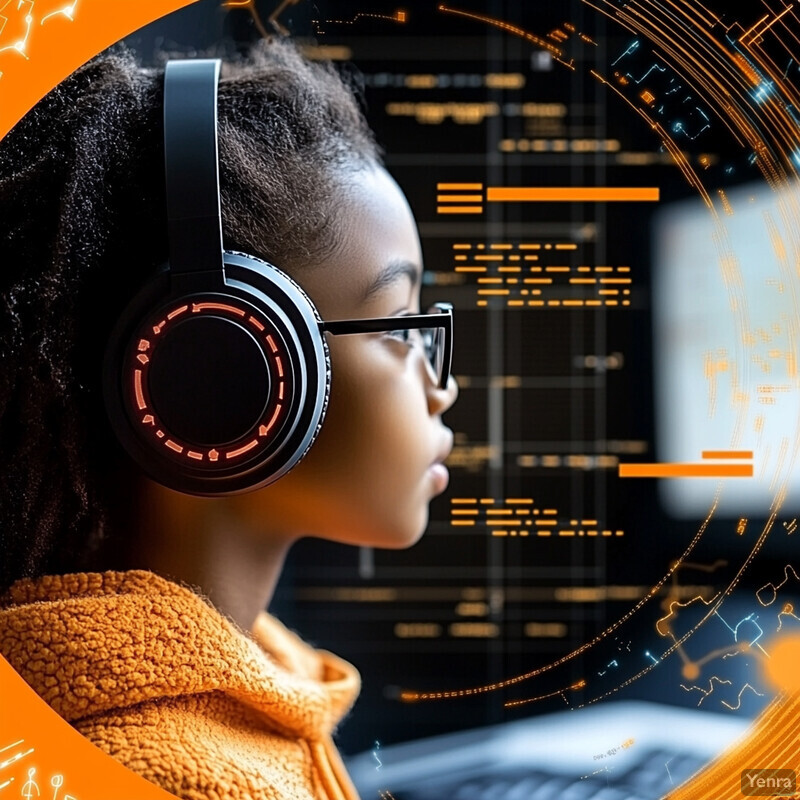 A young girl is wearing headphones and appears to be working on a computer.