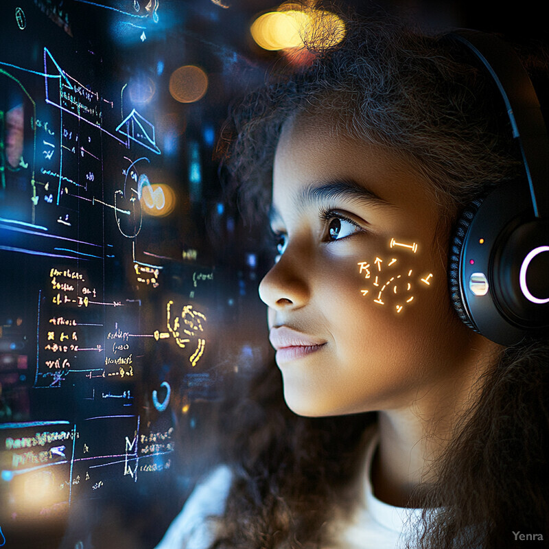 A young girl wearing headphones looks at a screen displaying graphs, charts, and equations.