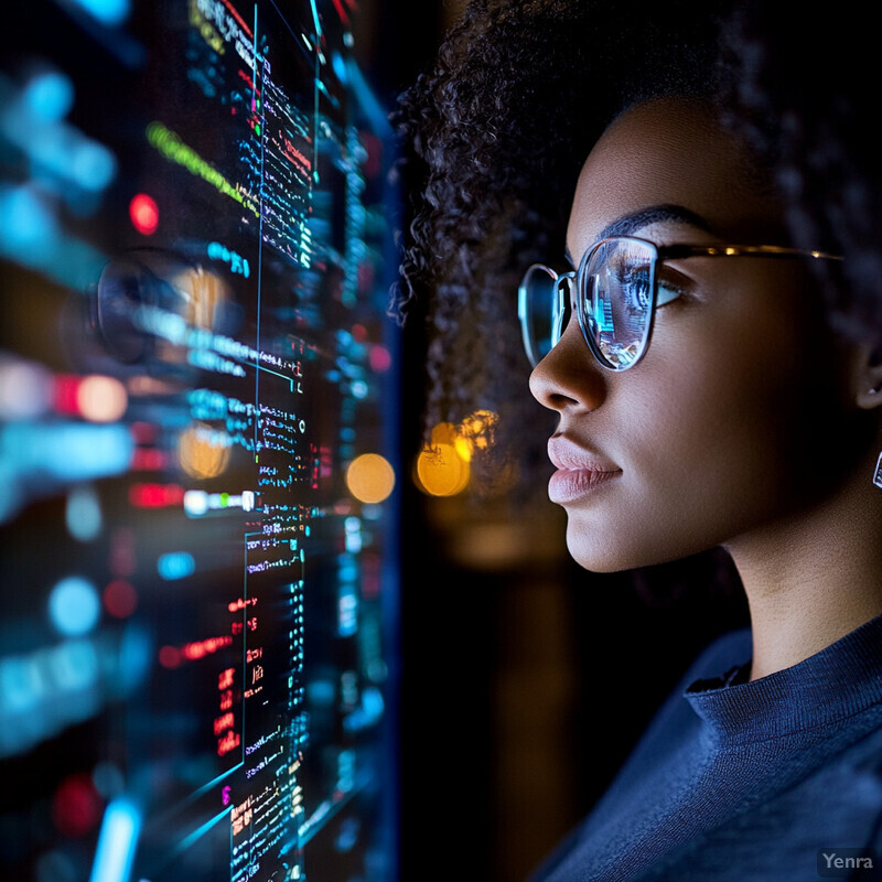 A woman with curly hair and glasses looks at a computer screen displaying code.