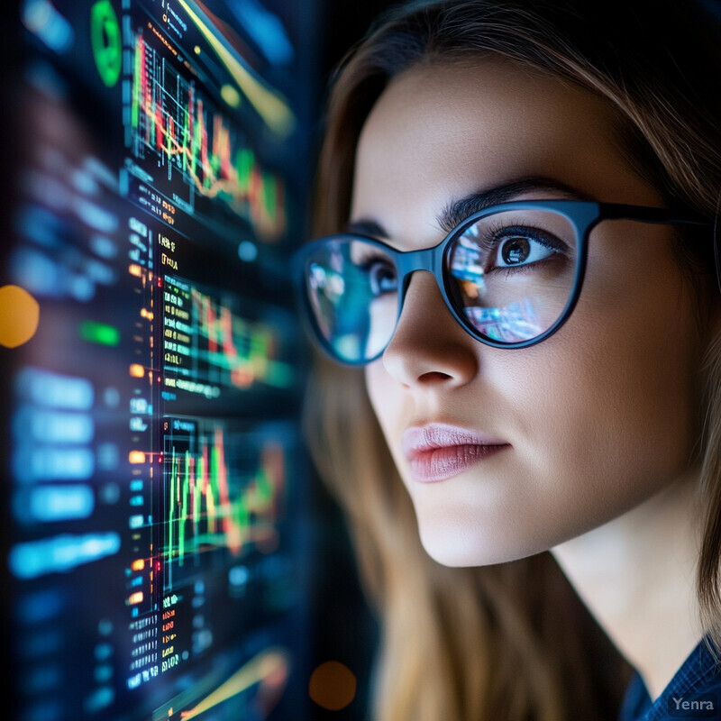 A woman wearing glasses looks at a computer screen displaying stock market data in an office space.