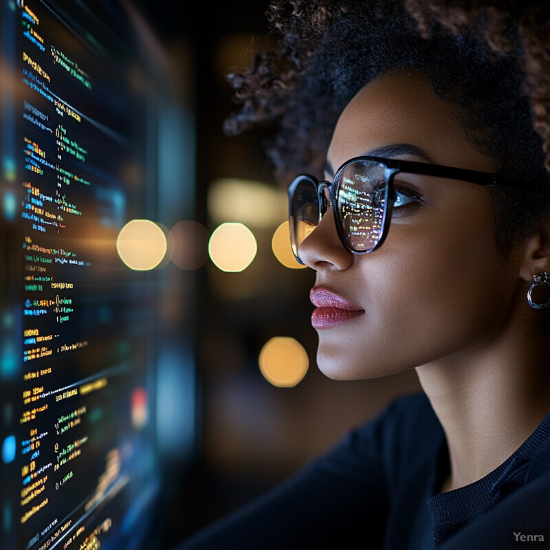 A woman with curly hair and glasses looks at a screen displaying lines of code.