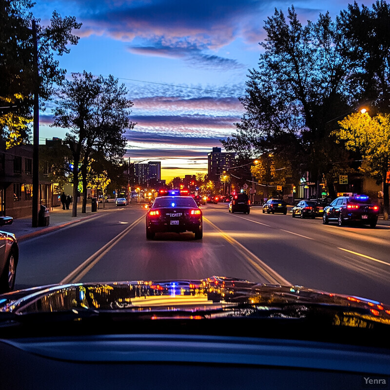 A city street scene at dusk or dawn with a police car driving down the center of the road.