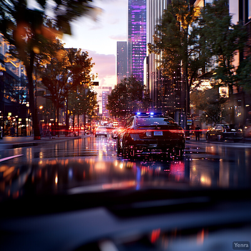 A police car drives down a city street at dusk, with its lights on and an accident or disturbance in front of it.