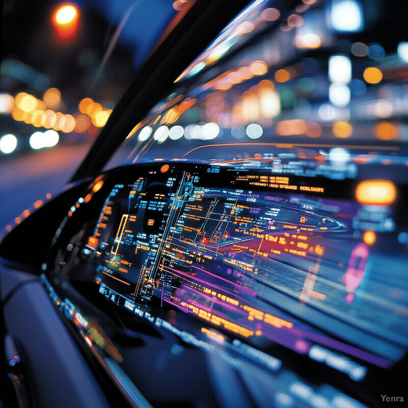 A close-up view of a car's side-view mirror reflecting a city street at night.