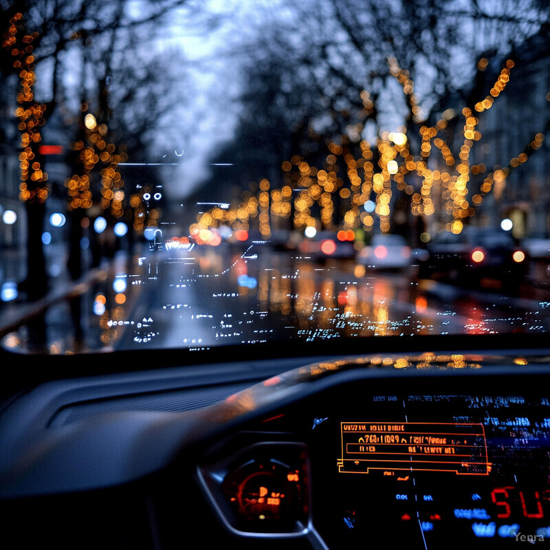 A photograph taken from inside a car, showing the road ahead through the windshield with the dashboard's instrument cluster in focus.