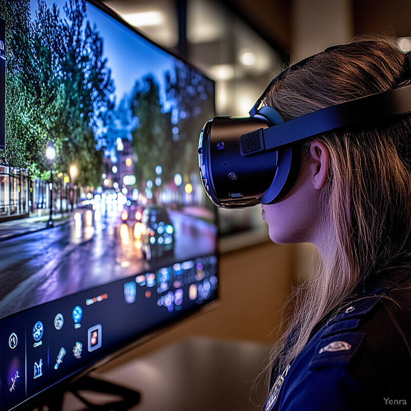 A woman wearing a virtual reality headset is intensely focused on a city street scene projected in front of her.