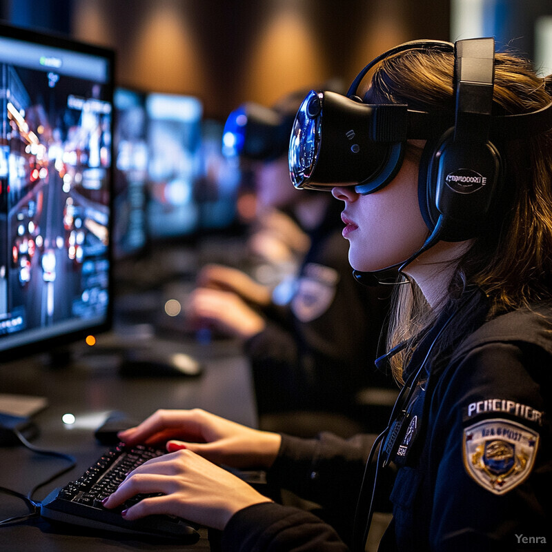 Group of law enforcement officers engaging in virtual reality training or simulation.