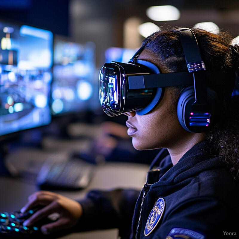 A woman wearing virtual reality goggles and headphones is intently focused on multiple computer monitors in front of her, suggesting she is participating in a virtual reality training exercise.