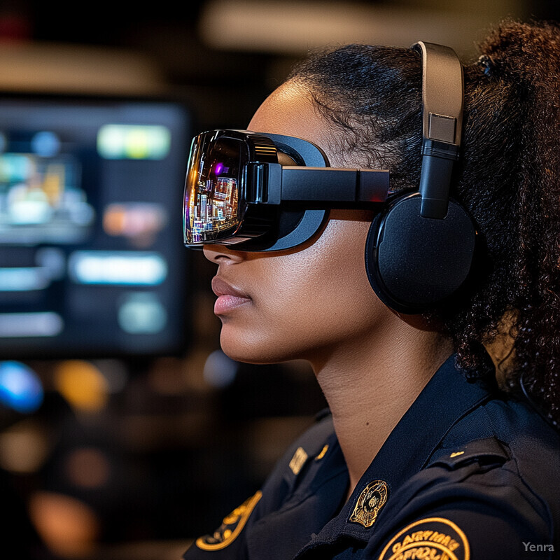 A woman in a dark blue uniform wearing virtual reality goggles and headphones.