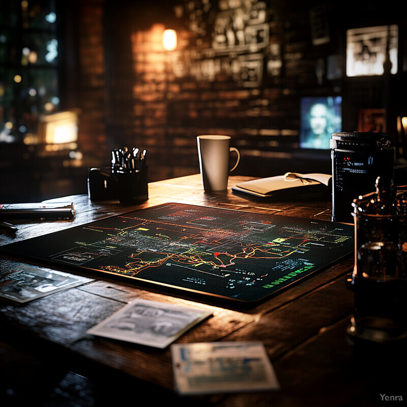 A cozy study or workspace with various objects scattered across the wooden table.