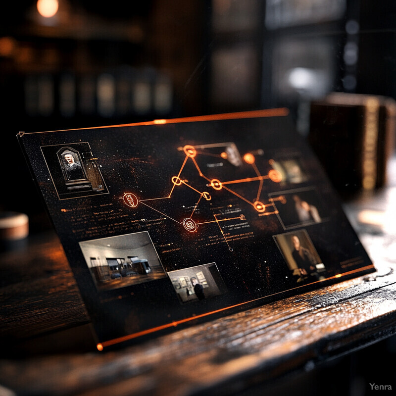 The image shows a dark room with a wooden table and an open book on it, along with other objects such as a vase and a laptop computer.