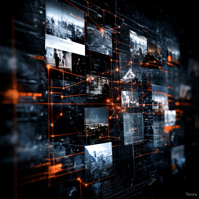 Crime linkage analysis featuring interconnected images and orange lines.