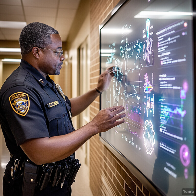 A police officer reviews data on a large screen in a police station or headquarters.