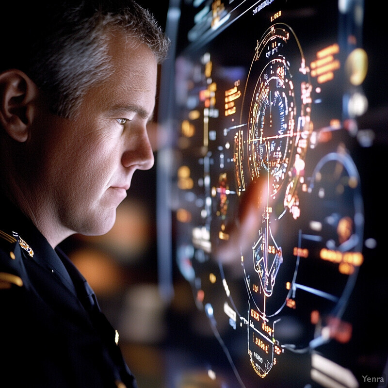 An officer is intently reviewing data on a large screen.