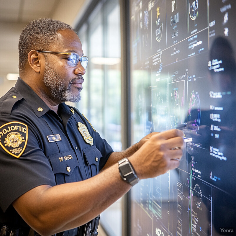 A police officer stands in front of a large screen displaying various graphs and charts.