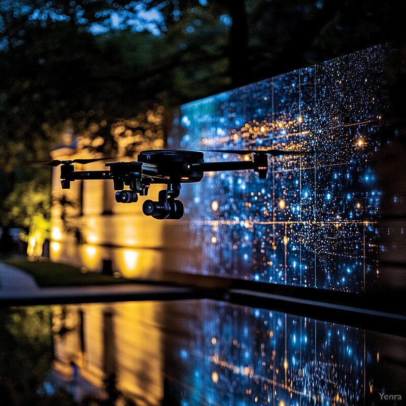 A drone flies over an outdoor setting at night, with trees and lights visible in the background.