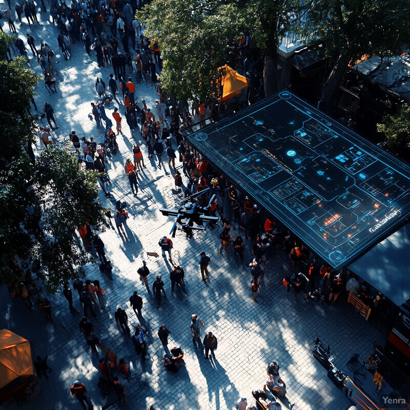 Aerial view of an outdoor event with a large crowd and digital overlay.