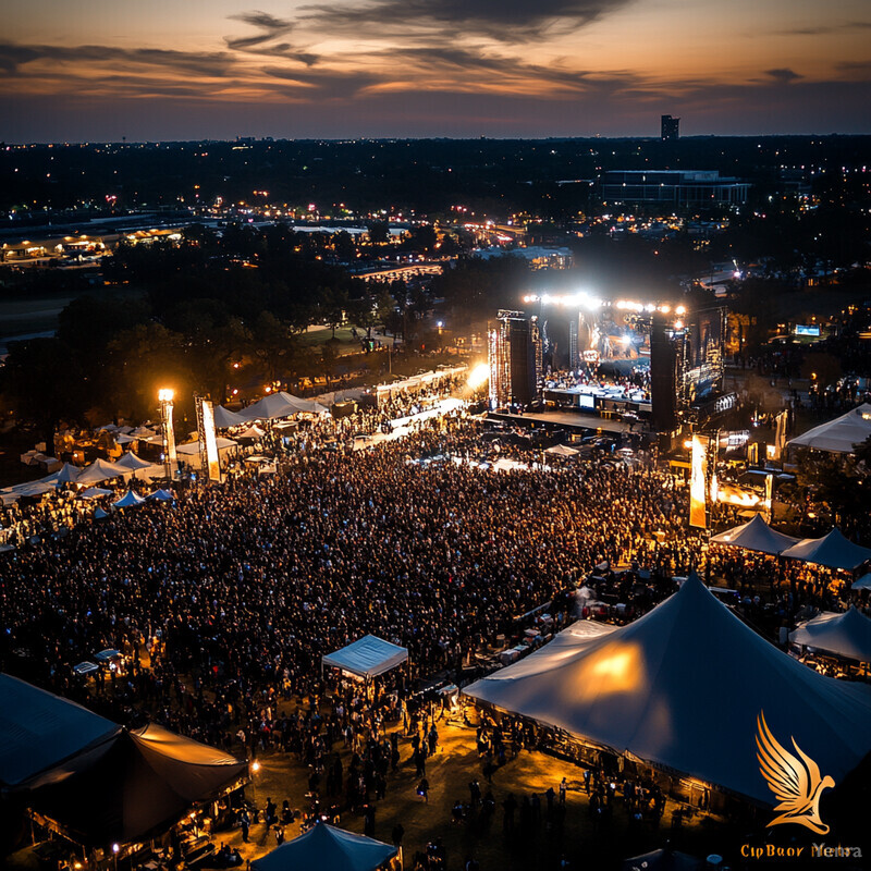 A large crowd gathered in front of a stage at an outdoor event, likely a music festival or concert.