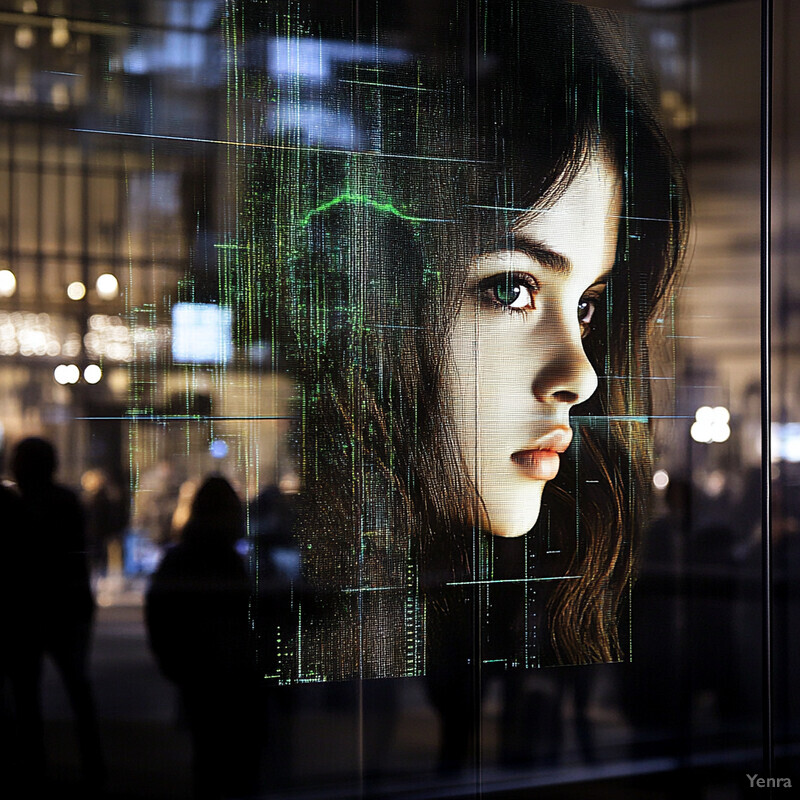 A woman's face is displayed on a large screen in the background of an urban scene.