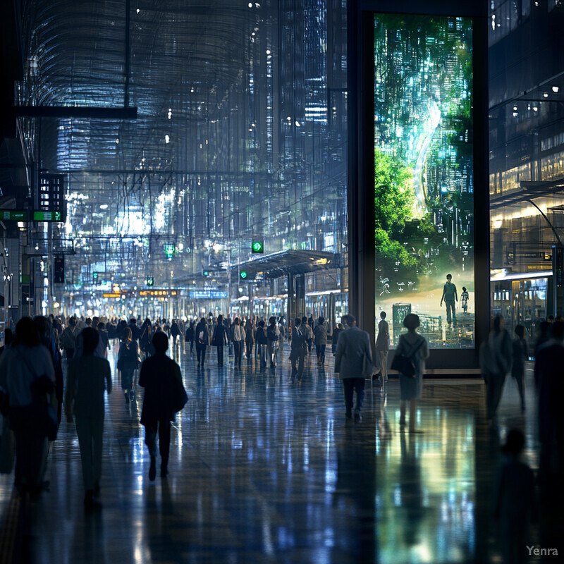 A futuristic cityscape with a large screen displaying a video of a missing woman.