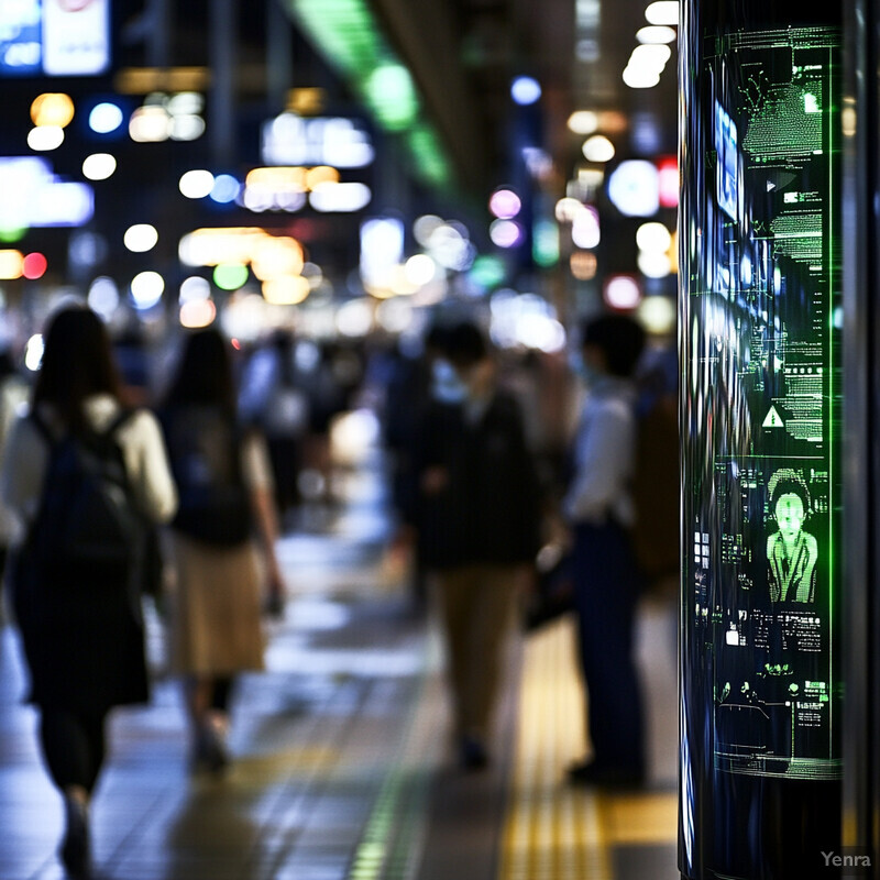 A vertical column of small screens displaying various images and text in green on a black background.