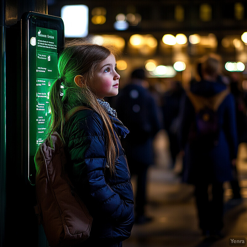 A young girl stands in front of a green sign with white text, looking at something outside the frame.